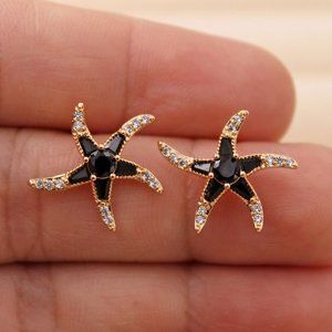 18K Yellow Gold Filled Black Onyx Diamond Zircon Starfish Stud Earrings Gift